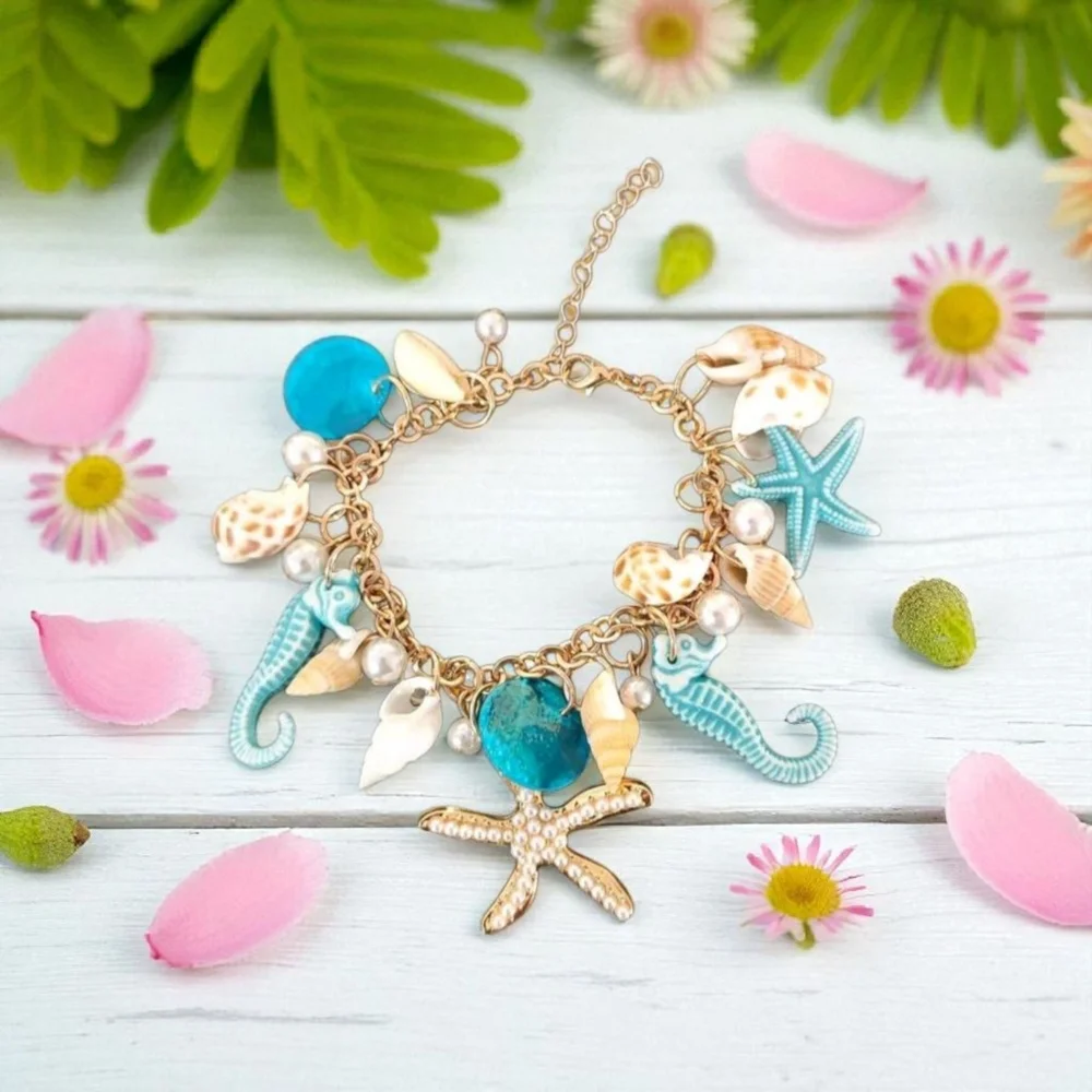 Ocean-Themed Charm Bracelet with Blue‎ and Gold Color Accents